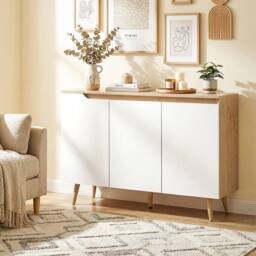 HOMCOM Sideboard Storage Cabinet with 5 Rubberwood Legs, White & Oak - thumbnail 1