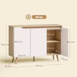 HOMCOM Sideboard Storage Cabinet with 5 Rubberwood Legs, White & Oak - thumbnail 3