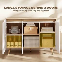 HOMCOM Sideboard Storage Cabinet with 5 Rubberwood Legs, White & Oak - thumbnail 5