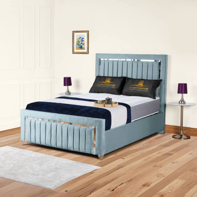 UK Bed Furniture Chrome Edge Slatted Base Upholstered Bed Frame with 48-inch Headboard in Light Blue - Size: Super King - image 1