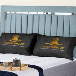 UK Bed Furniture Chrome Edge Slatted Base Upholstered Bed Frame with 48-inch Headboard in Light Blue - Size: Super King - thumbnail 2