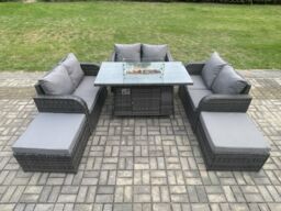 Fimous 8 Seater Rattan Outdoor Garden Furniture Sofa Set Gas Fire Pit Dining Table Gas Heater with Love Sofa 2 Big Footstool in Dark Grey - thumbnail 1