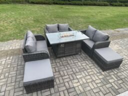Fimous 8 Seater Rattan Outdoor Garden Furniture Sofa Set Gas Fire Pit Dining Table Gas Heater with Love Sofa 2 Big Footstool in Dark Grey - thumbnail 3