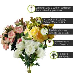 Pegdev Pack of 6 Yellow Rose Stems 80cm with 18 Artificial Flowers - thumbnail 2