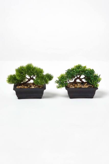Homescapes Set of 2 Artificial Bonsai Trees in Decorative Pots, 15 cm Tall in Green - image 1