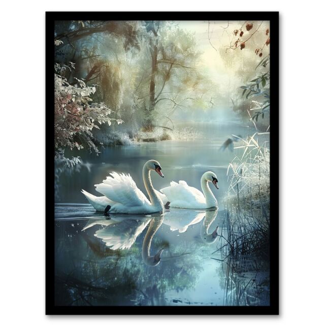 "Artery8 Graceful Swans Tranquil Winter Lake Painting Framed Art Print in Blue - Size: W12"" x H16""" - image 1