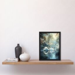 "Artery8 Graceful Swans Tranquil Winter Lake Painting Framed Art Print in Blue - Size: W12"" x H16""" - thumbnail 4