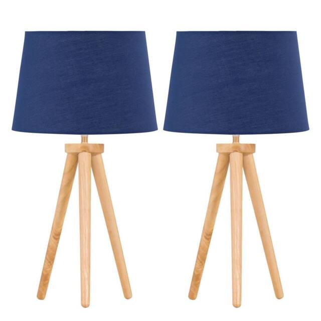 First Choice Lighting Set of 2 Light Oak Table Lamp or Bedside Lights with Navy Blue Shades in Brown - image 1