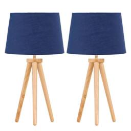 First Choice Lighting Set of 2 Light Oak Table Lamp or Bedside Lights with Navy Blue Shades in Brown - thumbnail 1