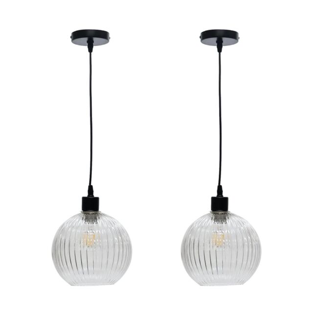 First Choice Lighting Set of 2 Betchley - Clear Ribbed Glass Globe with Black Pendants - image 1