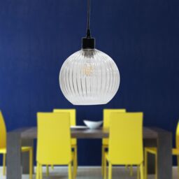 First Choice Lighting Set of 2 Betchley - Clear Ribbed Glass Globe with Black Pendants - thumbnail 5