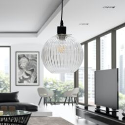 First Choice Lighting Set of 2 Betchley - Clear Ribbed Glass Globe with Black Pendants - thumbnail 4