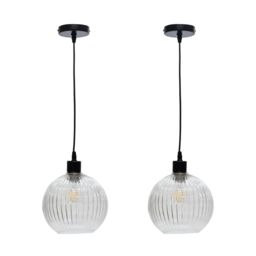 First Choice Lighting Set of 2 Betchley - Clear Ribbed Glass Globe with Black Pendants - thumbnail 1