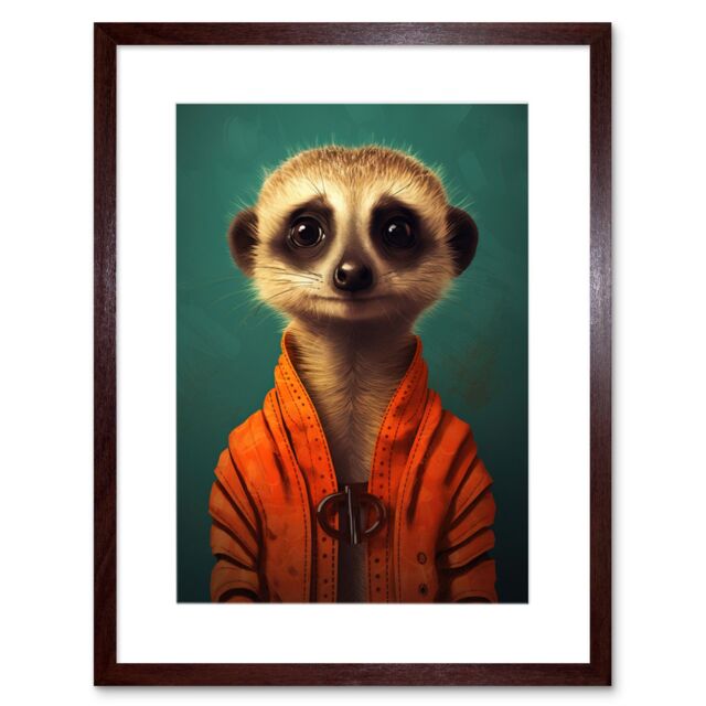 "Artery8 Wall Art Print Meercat Portrait Orange Quilted Jacket on Teal Background Modern Artwork Framed 9X7 Inch in Brown - Size: W7"" x H9""" - image 1