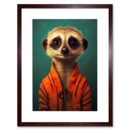 "Artery8 Wall Art Print Meercat Portrait Orange Quilted Jacket on Teal Background Modern Artwork Framed 9X7 Inch in Brown - Size: W7"" x H9""" - thumbnail 1