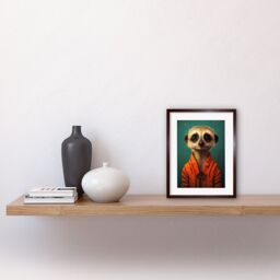 "Artery8 Wall Art Print Meercat Portrait Orange Quilted Jacket on Teal Background Modern Artwork Framed 9X7 Inch in Brown - Size: W7"" x H9""" - thumbnail 2
