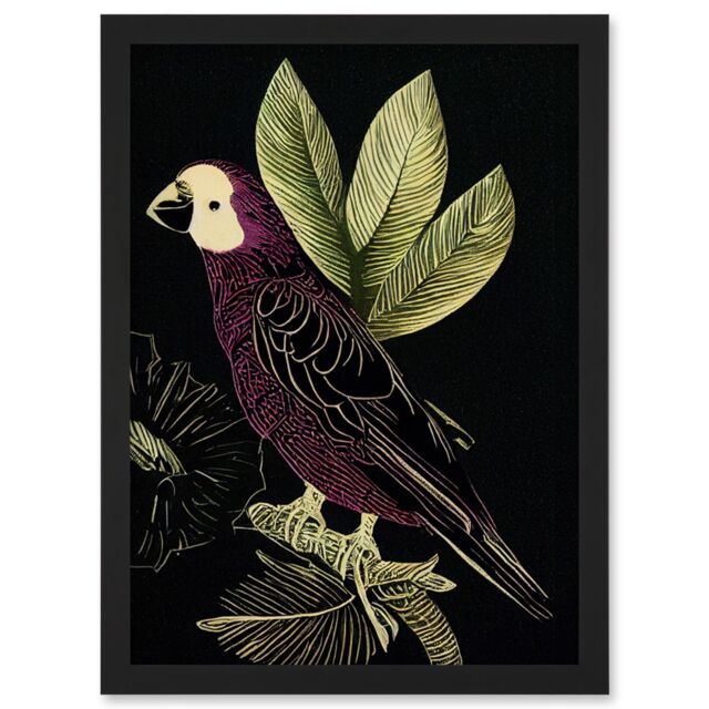 Artery8 Burgundy Parrot Leaves Tree Branch on Black Vintage Linocut Illustration Artwork Framed Wall Art Print A4 - image 1