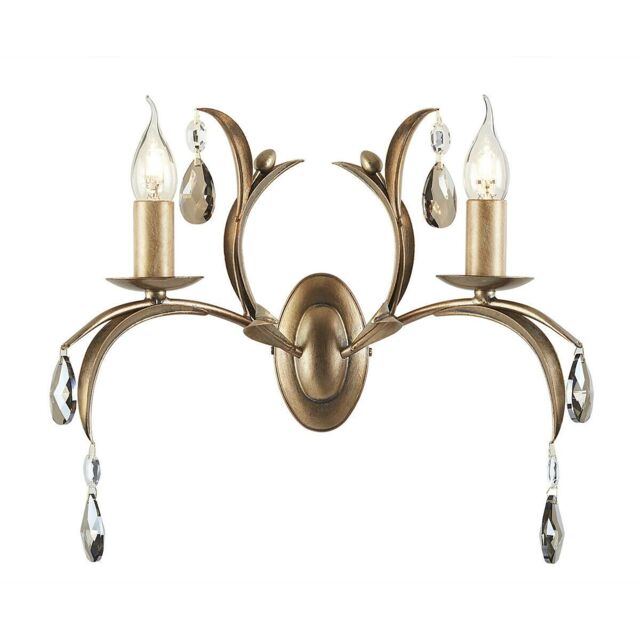 Loops Twin Wall Light Lily Leaves Smoked Cut Glass Deoplets Bronze Patina LED E14 60W in Clear