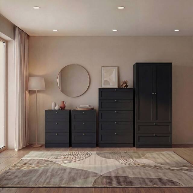 Home Discount Vida Designs Altino 4Pc Bedroom Set(3Dr Bedside, 5Dr Chest, Wardrobe) in Black - image 1