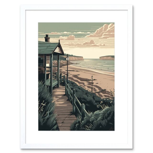 "Artery8 Wall Art Print Summer Beach House Coastal Landscape Artwork Framed 9X7 Inch in White - Size: W7"" x H9""" - image 1