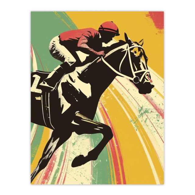"Artery8 Jockey on Race Horse Artwork Bold Colourful Pop Wall Art Print - Size: W24"" x H32""" - image 1