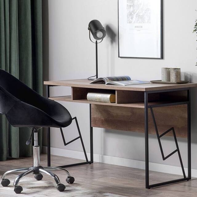 Wyld and Coco Office Desk Dark Wood Laminate Top Black Iron 3 Storage Compartments in Brown - image 1