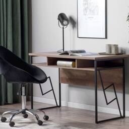 Wyld and Coco Office Desk Dark Wood Laminate Top Black Iron 3 Storage Compartments in Brown - thumbnail 1