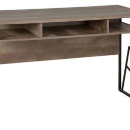 Wyld and Coco Office Desk Dark Wood Laminate Top Black Iron 3 Storage Compartments in Brown - thumbnail 2