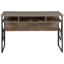 Wyld and Coco Office Desk Dark Wood Laminate Top Black Iron 3 Storage Compartments in Brown - thumbnail 3