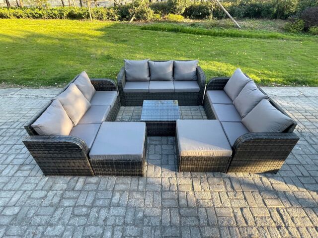Fimous 11 Seater Outdoor Rattan Garden Furniture Set Conservatory Patio Sofa Coffee Table With 2 Big Footstool Dark Grey Mixed - image 1