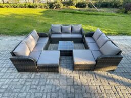 Fimous 11 Seater Outdoor Rattan Garden Furniture Set Conservatory Patio Sofa Coffee Table With 2 Big Footstool Dark Grey Mixed - thumbnail 1