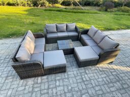 Fimous 11 Seater Outdoor Rattan Garden Furniture Set Conservatory Patio Sofa Coffee Table With 2 Big Footstool Dark Grey Mixed - thumbnail 2
