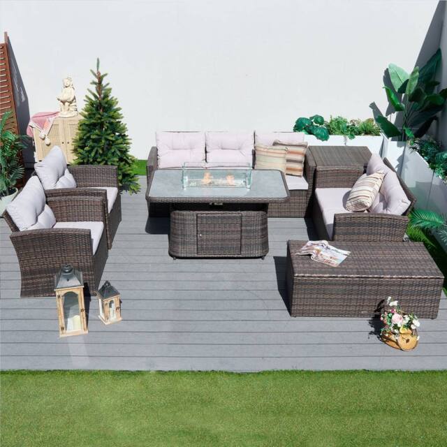 Direct Wicker 7‑seater Outdoor Sofa with Fire Pit Rising Table in Brown - Size: 8 Pack - image 1