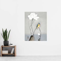 "Artery8 Kingfisher With Lotus Flower Vintage Japan Wall Art Print Koson in Grey - Size: W12"" x H16""" - thumbnail 4