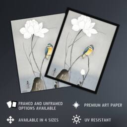 "Artery8 Kingfisher With Lotus Flower Vintage Japan Wall Art Print Koson in Grey - Size: W12"" x H16""" - thumbnail 2