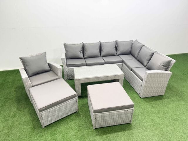 Fimous 9 Seater Garden Outdoor Rattan Furniture Set Coffee Table with Stools in Light Grey - image 1