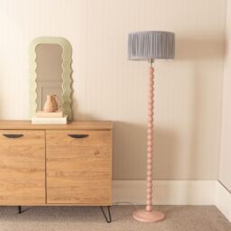 ValueLights Bobbins Painted Rose Floor Lamp with Ruched Pleated Drum Lamp Shade in Pale Blue - thumbnail 3