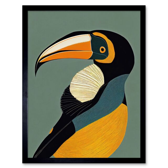 "Artery8 Wall Art Print Keel Billed Toucan Bird Portrait Vintage Art Framed in Black - Size: W12"" x H16""" - image 1
