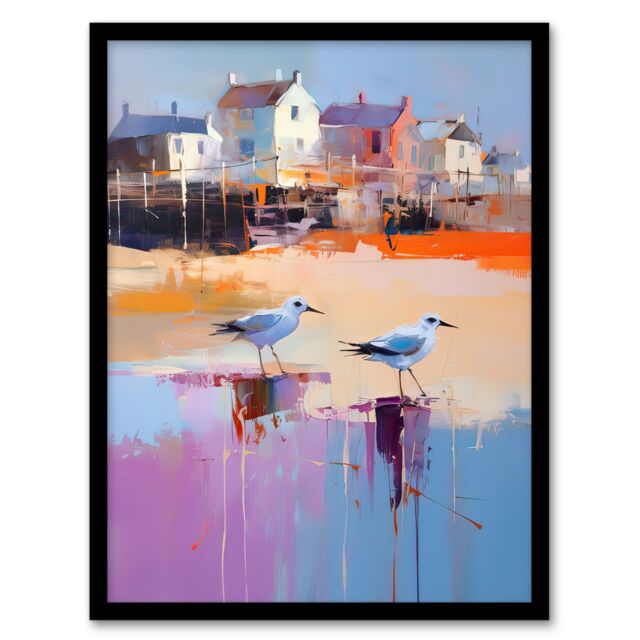 Artery8 Wall Art Print Seagulls on Beach Sand Painting Coastal Village Landscape Framed Art in Blue - Size: A4 - image 1