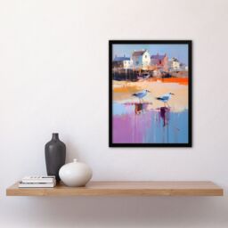 Artery8 Wall Art Print Seagulls on Beach Sand Painting Coastal Village Landscape Framed Art in Blue - Size: A4 - thumbnail 4