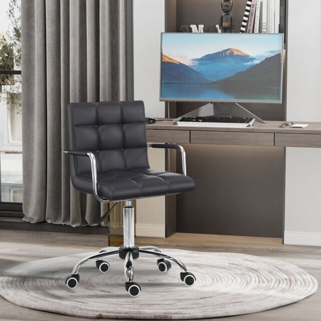 VINSETTO Mid Back PU Leather Home Office Chair Swivel Desk Chair with Arm, Wheel in Black - image 1