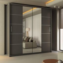 Sliding Wardrobes 4U Ribon Sliding Mirror Door Wardrobe 150cm X 217cm in Grey - Size: 150 cm X 217 cm - thumbnail 1