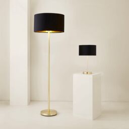 ValueLights Charlie Gold Stem Table Lamp with Velvet Drum with Gold Inner Lamp Shade in Black - thumbnail 6
