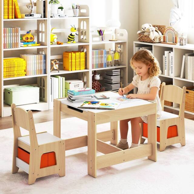 Costway 3PCS Kids Table & Chairs Set Wooden Activity Table w/ Storage Drawers in Natural - image 1
