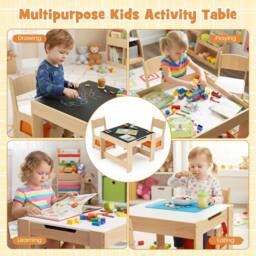 Costway 3PCS Kids Table & Chairs Set Wooden Activity Table w/ Storage Drawers in Natural - thumbnail 7