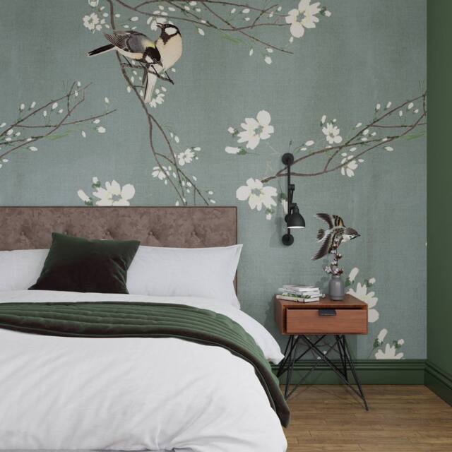 Superfresco Easy Birds & Blossom Dark Duck Egg Print To Order 3m x 2.8m Mural in Blue - image 1
