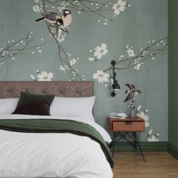 Superfresco Easy Birds & Blossom Dark Duck Egg Print To Order 3m x 2.8m Mural in Blue - thumbnail 1