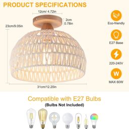 Garwarm Rattan Ceiling Light, Boho Semi Recessed Ceiling Light, E27 Vintage Chandelier Rustic White rattan Lamp, Bulb not included - thumbnail 4