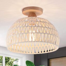 Garwarm Rattan Ceiling Light, Boho Semi Recessed Ceiling Light, E27 Vintage Chandelier Rustic White rattan Lamp, Bulb not included