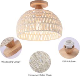 Garwarm Rattan Ceiling Light, Boho Semi Recessed Ceiling Light, E27 Vintage Chandelier Rustic White rattan Lamp, Bulb not included - thumbnail 6